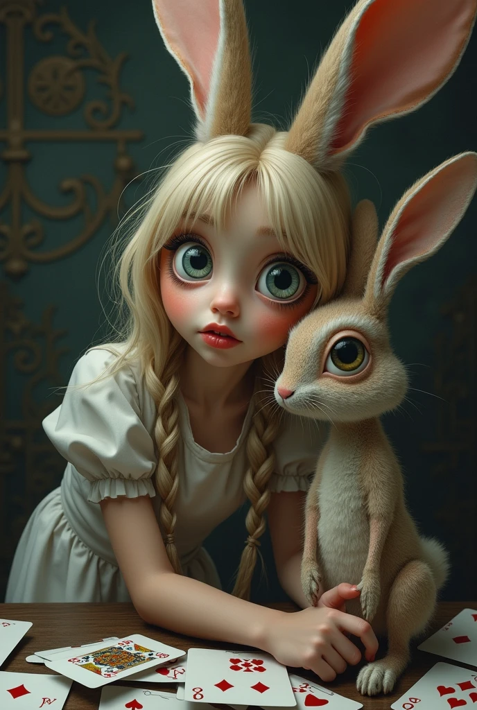 
Alice in wonderland, Capture a moment of deep contemplation with a full-body portrait of Alice and the big-eyed rabbit in Alice in Wonderland. Her expression should be a mixture of curiosity and a hint of unease, as if she is deeply questioning reality and her place within it. Her large eyes should be wide open, reflecting a surreal world surrounded by cards.