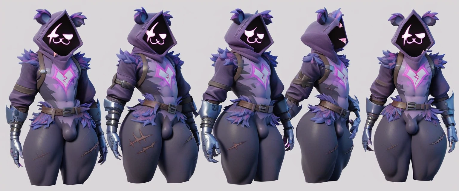 1boy, Raven team leader,purple hoodie, with no face, shadowed face, animal ears,purple skin, scar on eye, body skin, purple fur, waist belt, torso symbol, metal gloves, femboy, thick thighs, highlight thighs, (dynamic poses)