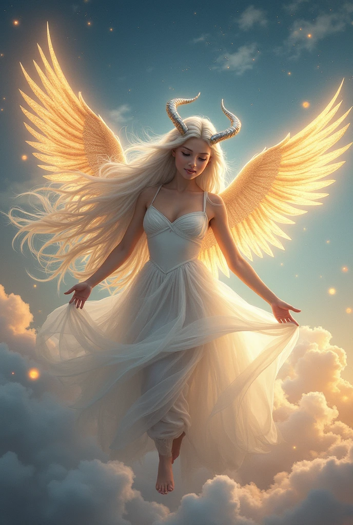 Girl with white eyes and long, white hair, with four golden wings and silver horns