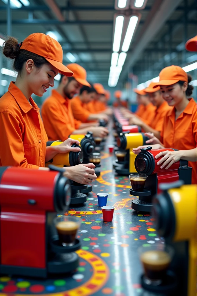 Chat, generate an image of a production line of the Essenza mini coffee maker from Nespresso, in the image I need you to show a repetition of the coffee makers, and people working on that production line. As a pop art aesthetic
