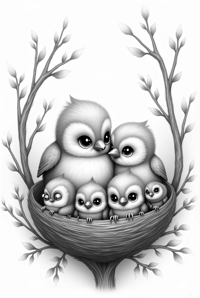 A black and white drawing of very cute baby birds with big eyes and a nest with the mother., as if they were cartoon characters