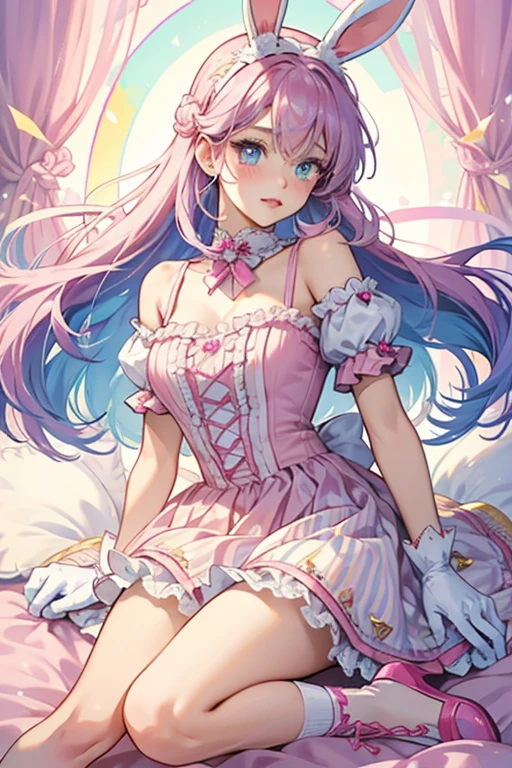 Rainbow Kate has light blue eye-shadow, pink lips, and a rosy blush. Her light purple hair is shorter than usual and curled inward with streaks of rose and blue, and her bangs are partially swept to the right. She wears a lilac headband with yellow pastries on top of a azure and white scalloped piece, along with white and hot pink bunny ears to match her fluffy tail. She wears a yellow scalloped top with pink lining at the neck and beneath the chest to match her frilly sleeves, paired with a rainbow striped puffed shorts that have dots going down the side and white trim. Her yellow heels have a hot pink heart on the toe with bunny ears, worn with frilly white socks to match her gloves. SPARKLE; GLITTER