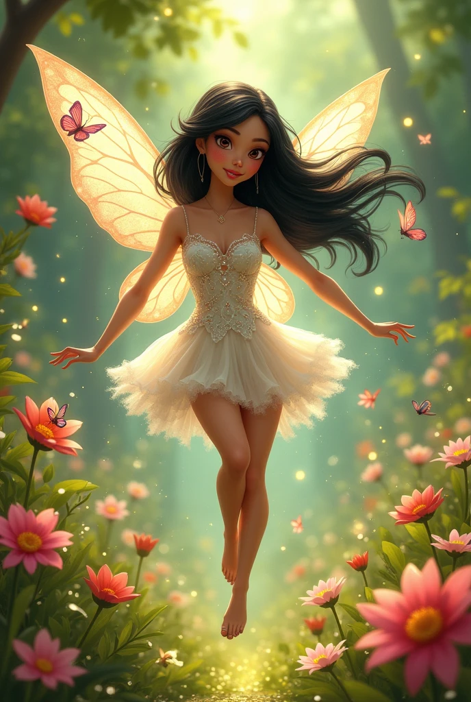 Fairy with black hair and brown eyes wearing a white short dress, the Winx Club mold 