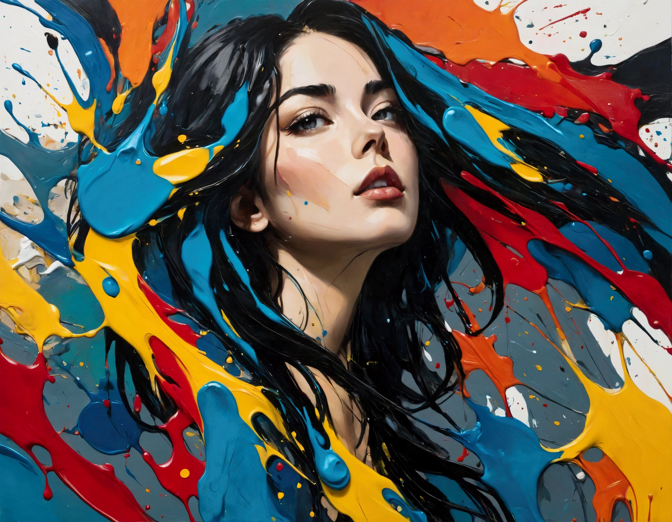 (best quality, oil painting, fancy, sharp focus), Jackson Pollock, portrait Painting, (Splash and drip art minimalism:1.1), canvas white background, studio, style painting magic, splash art, ((white background)), contour, Expressive Strokes: The brushstrokes are visible and expressive, contributing to the painting's emotional intensity. Thick, impasto strokes add texture and depth. sexy lady contour