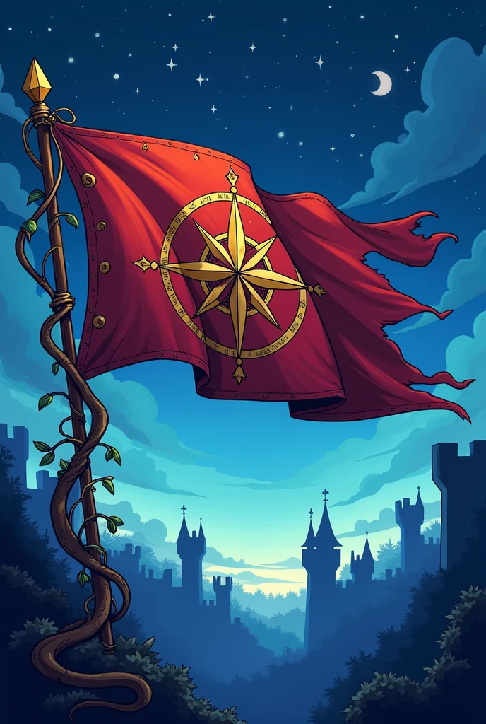 I want a medieval flag with a compass design in the middle, style cartoon, I want with the theme "Enclave of Nightfall Dominion"