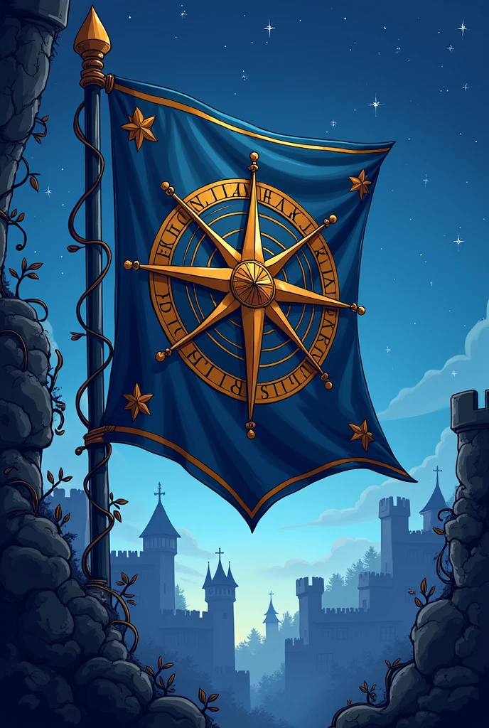 I want a medieval flag with a compass design in the middle, style cartoon, I want with the theme "Enclave of Nightfall Dominion"