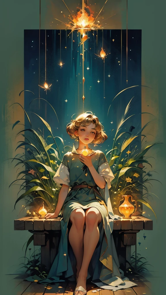 Three-dimensional oil painting on a rough canvas in the complex technique of a palette knife and wide smears patterns. digital painting Portrait of a lovely young woman with hands transforming Magic Fireflies, Translucent golden little Fireflies fly out of her hands, she is sitting on the floor, she is looking at you, breeze in the room, golden sparkles, dim lit simple background, concept art in complex mixed media 16K