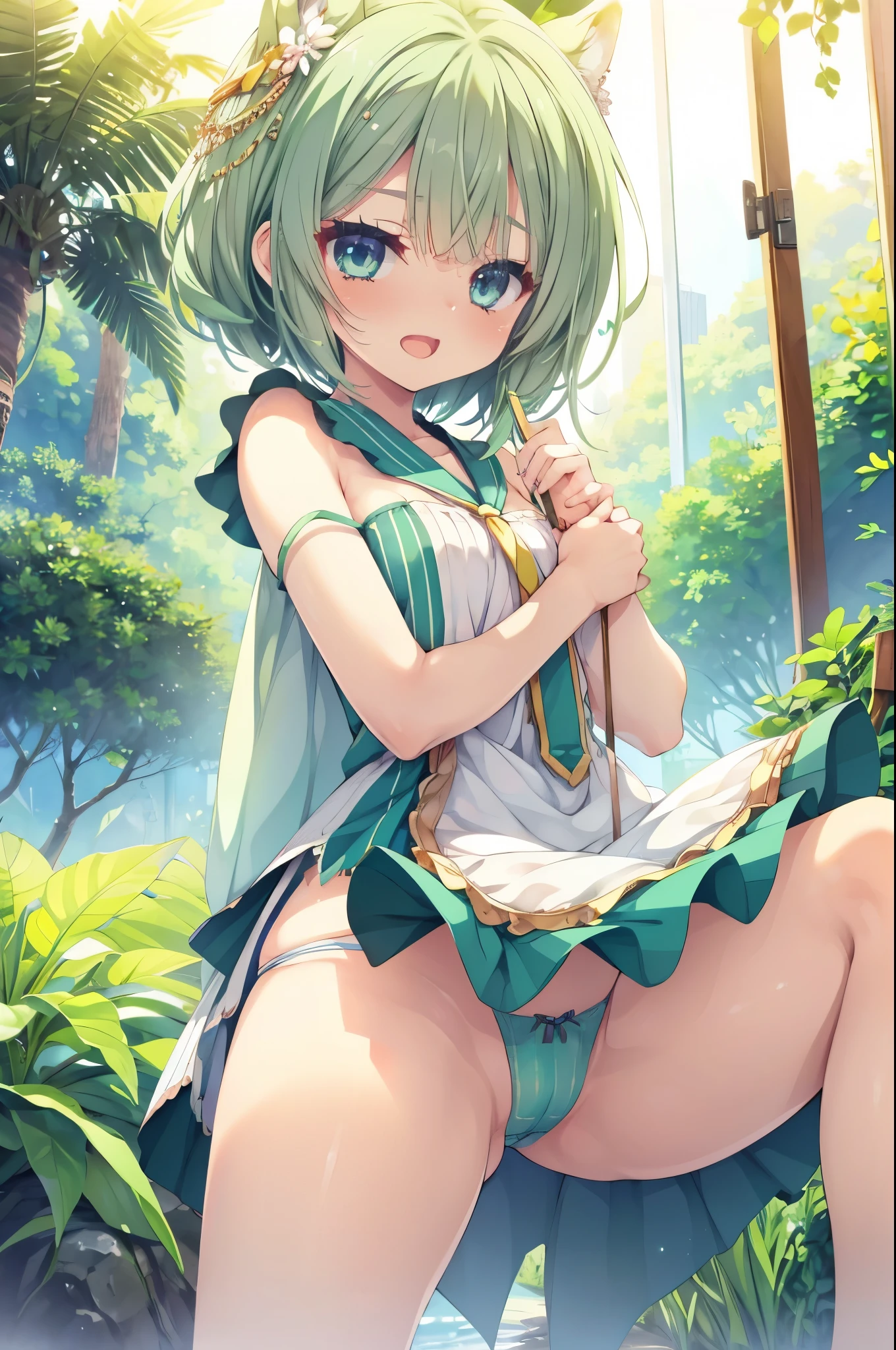 nsfw,sex,,Colossal ,Smile with open mouth,short green hair,vaginal sex,パンティをずらす,Striped panties,vaginal,magical girl costume,hair adornments,Heterochromia,Blue and green eyes,Top image quality,Best Quality