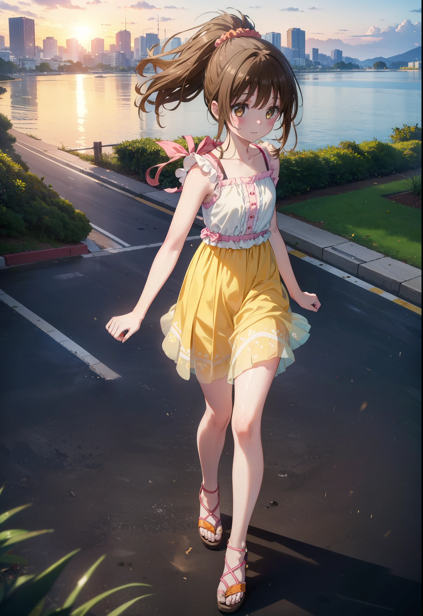 Yuki mandarin orange, (Brown eyes:1.5), Brown Hair, hair ornaments, hair Scrunchie, Long Hair, pink Scrunchie, Scrunchie,ponytail, (Flat Chest:1.2),smile,blush,Open your mouth,Sleeveless dress,Long skirt,Cute heeled sandals,Walking,morning陽,morning,The sun is rising,So that the whole body goes into the illustration,
Destroy outdoors, Coastal Road,
壊す looking at viewer,Destroy the whole body (masterpiece:1.2), Highest quality, High resolution, unity 8k wallpaper, (figure:0.8), (Beautiful attention to detail:1.6), Highly detailed face, Perfect lighting, Highly detailed CG, (Perfect hands, Perfect Anatomy),