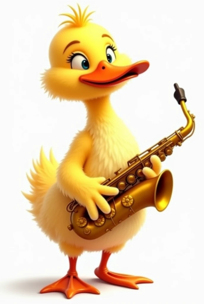 A duck drawn on a white background holding a saxophone with its fins 