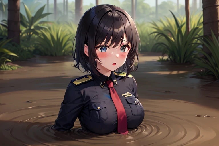 1girl solo, huge breast, (black short hair:1.3), (bangs:1.3), blue eyes, black military uniform, epaulette, necktie, long sleeve, double breasted, partially submerged, in mud, flooding up to the chest, upper body, seductive smile, (jungle:1.3), from above, hands up, (blush:1.3),