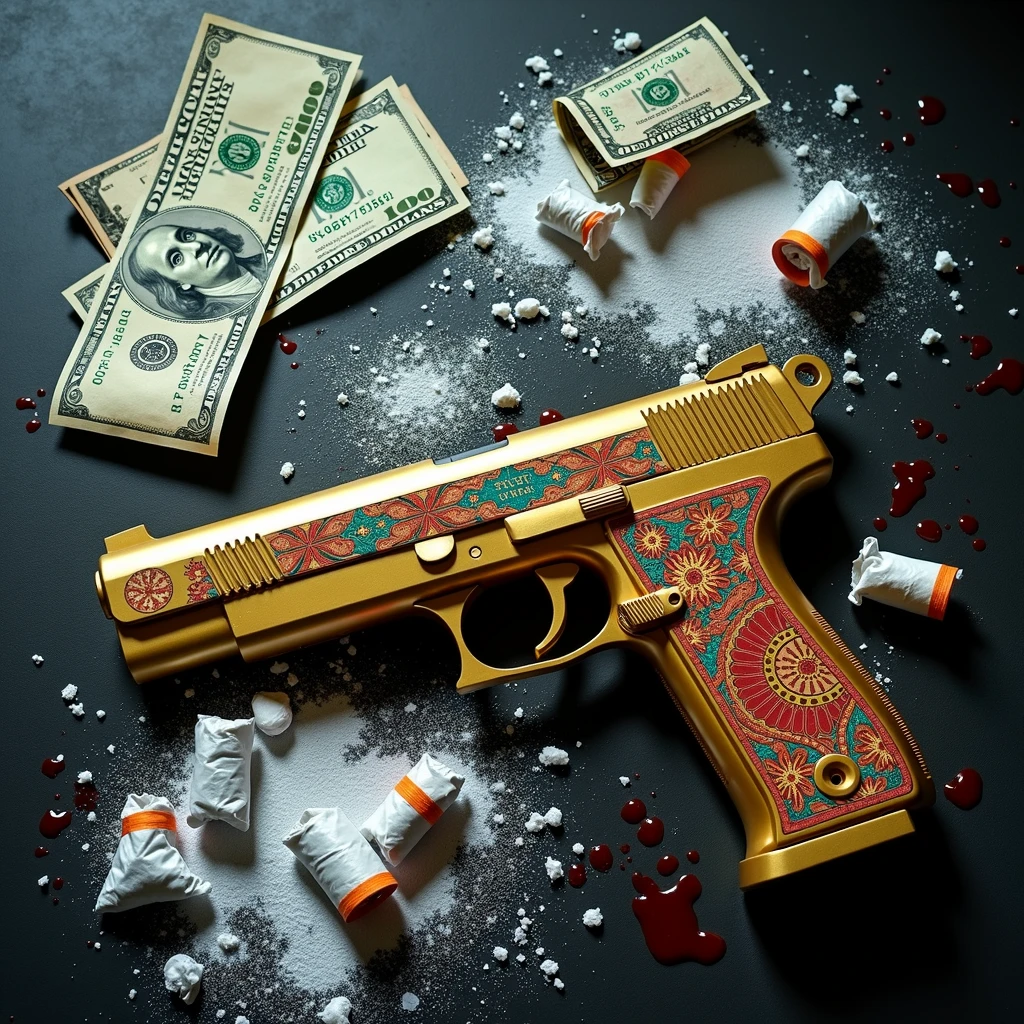 Grunge table flat lay top view, with dollars (a few dents or tears), a golden desert eagle with Mexican mandala details, several lines of cocaine, small bags of cocaine torn apart. Blood and cocaine scattered around the scene (some blood under a few dollar bills).