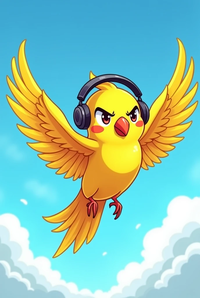 Yellow Parakeet Draw a yellow parakeet in cartoon style, with outstretched wings,wearing a headset and an angry expression flying in the sky The feathers must be well defined without red cheeks he has to have a serious expression 

