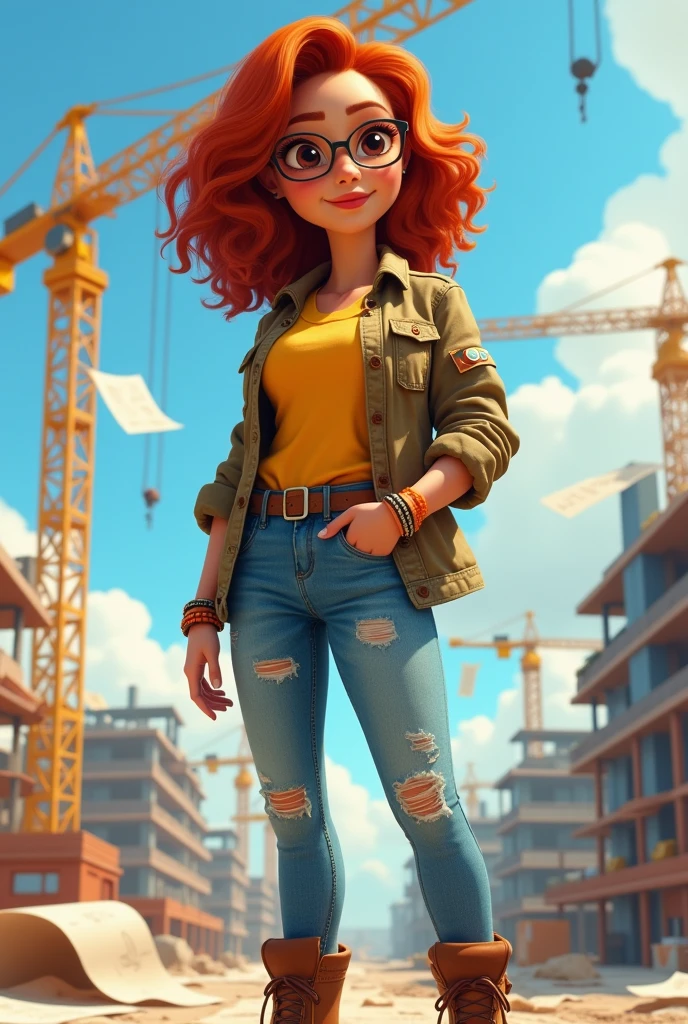 Female architect with a heavy build and copper-red hair, curly, medium length, shoulder length, brownish skin, dark eyes and hipster glasses, with bracelets and nose piercing, with rockstar style bag, ripped denim jeans, wearing a yellow shirt and a canvas jacket over it, open, and construction boots, Standing at a construction site, version Disney Pixar Cartoon
