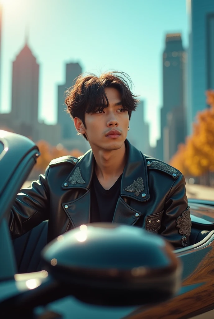 Make an image of Jungkook from BTS in a car 