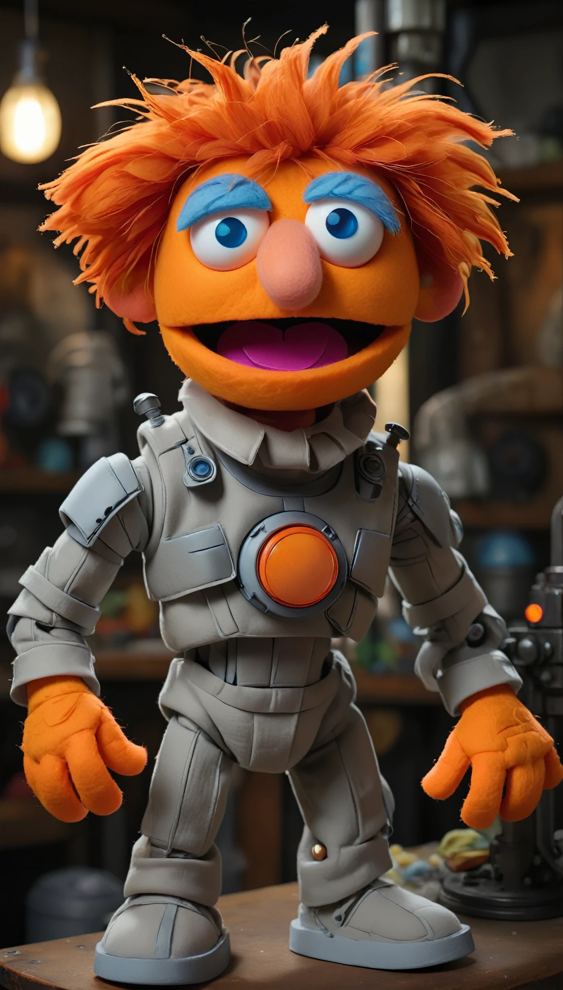 in a felt puppet world, one boy with his red hair, blue eyes, pale skin, and neon orange shoes has the courage, strength, hot glue, and ability to do arts and crafts that will save us all. from his humble workshop filled with random creations and contraptions, he alone works tirelessly on his greatest creation: a felt puppet battle mech suit