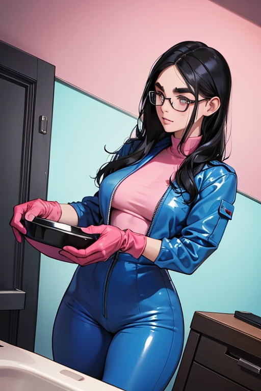 A black-haired, freckled girl with glasses wearing large pink rubber gloves and a blue long-sleeved jumpsuit Thick eyebrows Dirty toilet