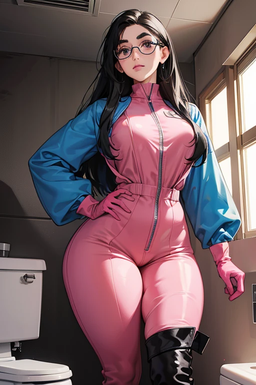 A black-haired, freckled girl with glasses wearing large pink rubber gloves and a blue long-sleeved jumpsuit　Thick eyebrows　Dirty toilet