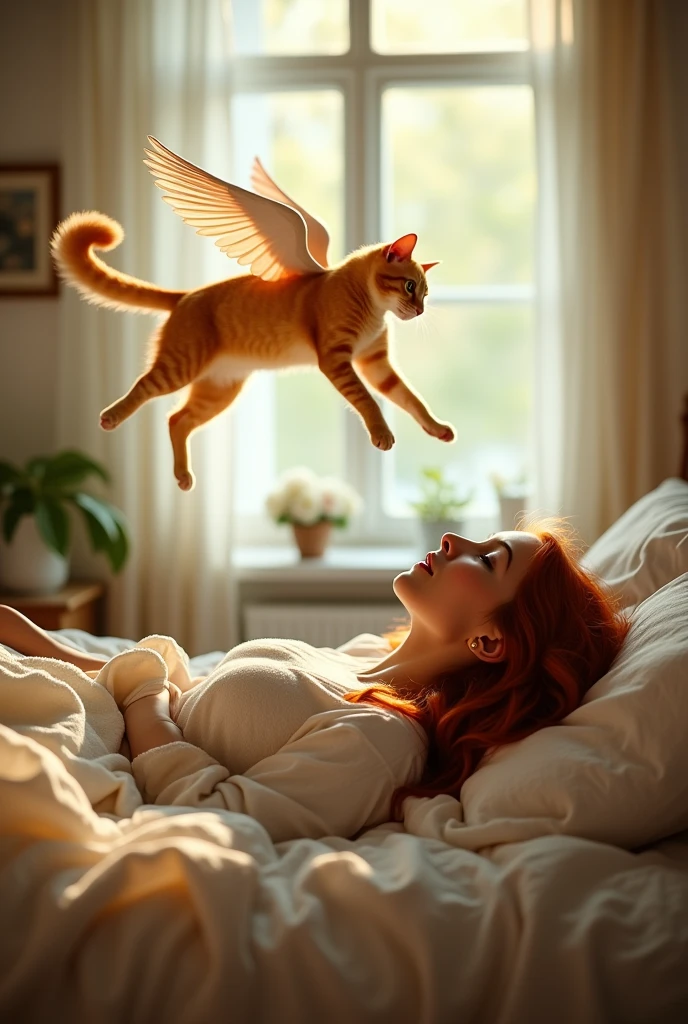 Realistic image of a woman with long red hair in her bedroom lying on the bed receiving a visit from the heavens from her yellow cat who has already passed away. They interact and play. The cat in the air and she lying awake. The cat is male, slender and yellow, yellow eyes and is flying with angel wings like in a dream inside the room. The window is open.