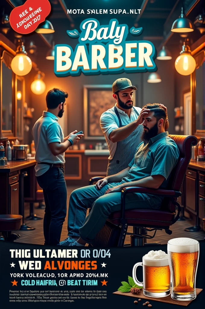 Barber shop flyer informing haircut and beard with coffee, beer and ps4 included.