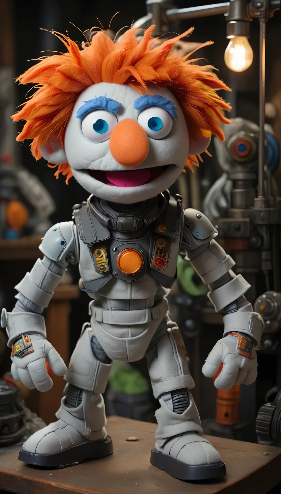 in a felt puppet world, one boy with his red hair, blue eyes, pale skin, and neon orange shoes has the courage, strength, hot glue, and ability to do arts and crafts that will save us all. from his humble workshop filled with random creations and contraptions, he alone works tirelessly on his greatest creation: a felt puppet battle mech suit