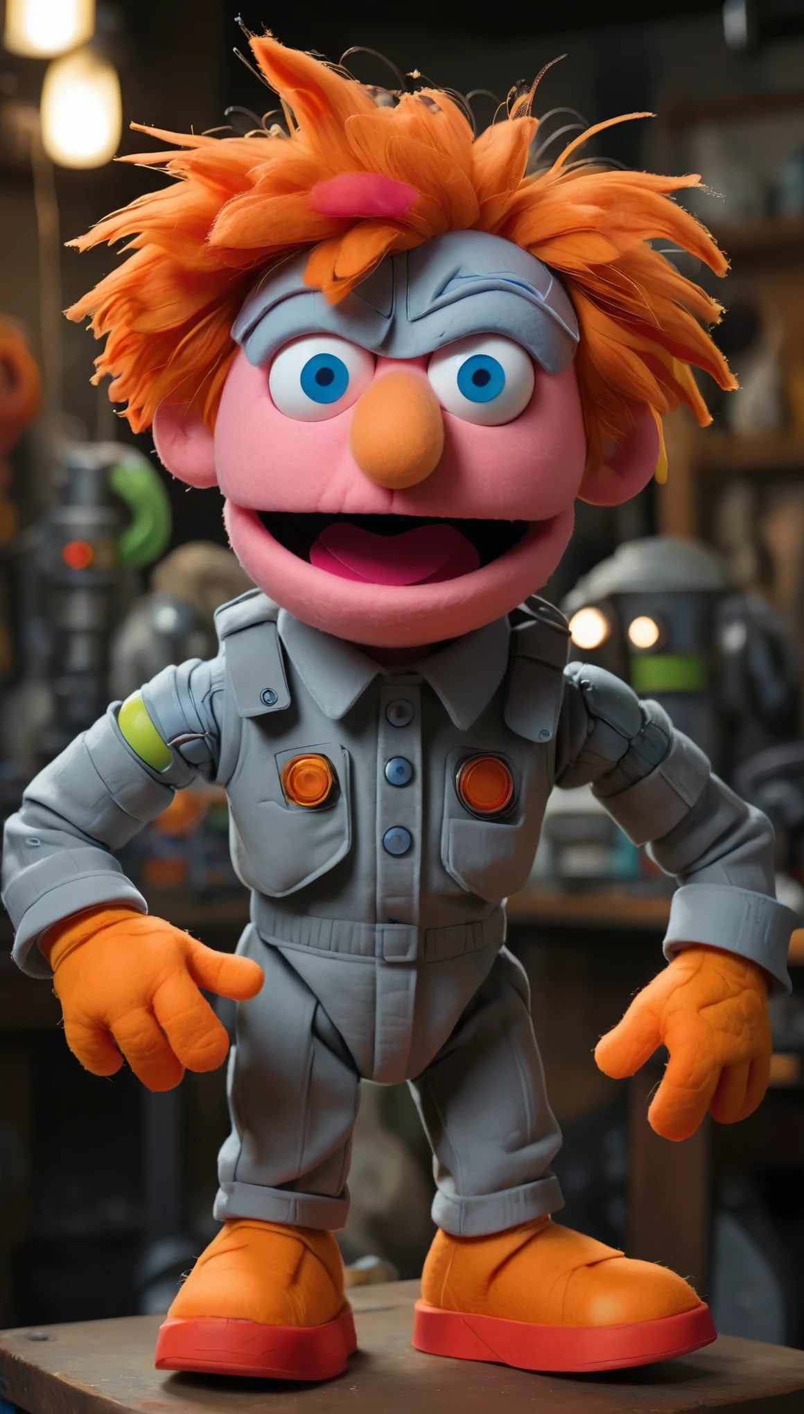 in a felt puppet world, one boy with his red hair, blue eyes, pale skin, and neon orange shoes has the courage, strength, hot glue, and ability to do arts and crafts that will save us all. from his humble workshop filled with random creations and contraptions, he alone works tirelessly on his greatest creation: a felt puppet battle mech suit