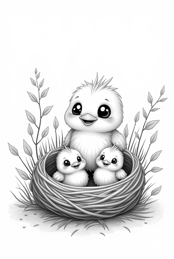 A black and white drawing with simple lines of cute baby birds with big eyes and a nest with the mother., as if they were cartoon characters