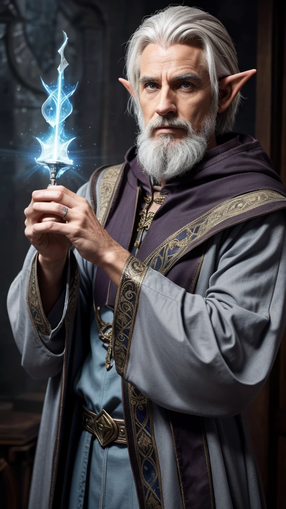 wizard, elf, male, magical, gray hair, in wizard clothes, man, beautiful.