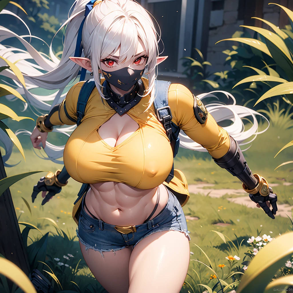((best quality)), (detailed), 1 women dark elf knight armor, 8k_wallpaper, extremely detailed eyes, (large masterpiece digital art), (intricate details:1.3 ), (ultra-detailed:1.3), (sharp focus:1.3), (natural lighting:1.05), (vivid colors:1.3), (best quality:1.4), expressive eyes, full body, detailed face, beautiful face, perfect face, ((lush thick and curly hair tied with a blue ribbon in a tousled ponytail)), (red eyes), {{dark skin}}, ({dark skinned female}), big breasts, huge chest, powerful relief muscles of the abdomen and legs, powerful strong muscles of the arms, belly piercing with blue emeralds, mid-range pelvis and big ass, arms and neck are covered with tattoos, cruel predatory and cold-blooded arrogant look and smile, an open red coat with rolled up sleeves, composition coat open to the waist with rolled up sleeves, a silk yellow crop top through the fabric of which the clear outlines of large pointed nipples are visible, a wide orange belt with large gold yarn, denim mini-shorts through which the outlines of a large vagina are visible, leather gloves, steel bracers and shoulder pads, silver chain mail armlets, a hiking backpack, a walk along the street of a destroyed city overgrown with grass and blooming flowers, in cyberpunk style,