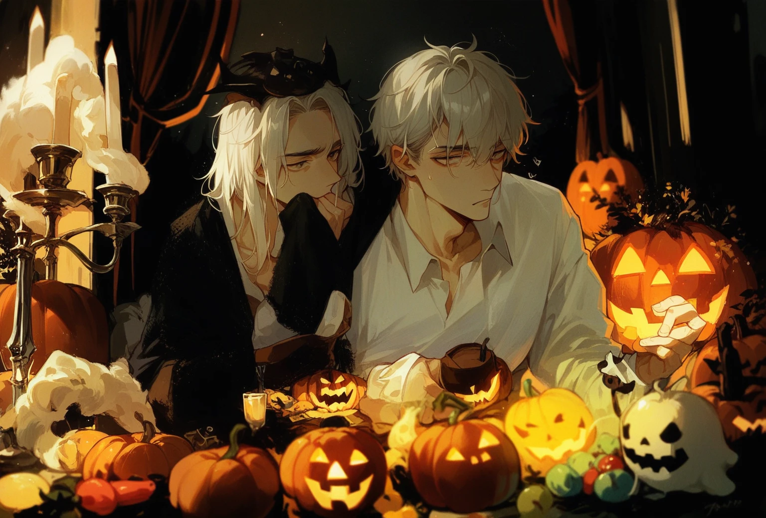 1boy, white hair, halloween, cool