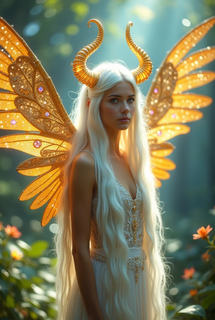 Girl with white eyes and long, white hair, with four golden wings and diamond-colored horns