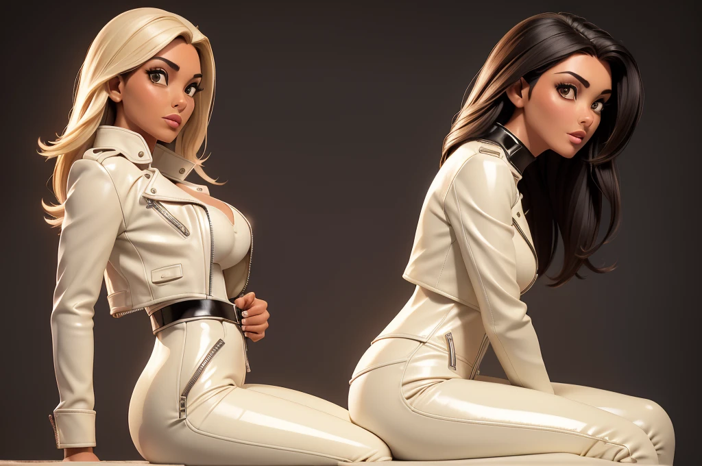 obra prima, melhor qualidade, ((only one woman,)) ((monica bellucci, dark tan skin, straight hair,)) erect cone tits, ((wearing shiny cream leather biker moto jacket,)) ((jacket has padded shoulders, jacket has stiff high collar,)) (((wearing shiny cream leather pants,))) (((pants unzipped showing pussy,))) body is very skinny, ((sitting back, legs spread,)) ((camera front view of body,)) shallow depth of field, highres, HD, 8k, anatomically correct