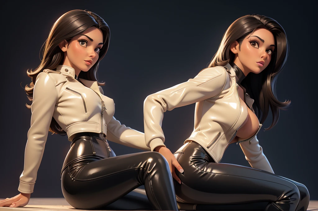 obra prima, melhor qualidade, ((only one woman,)) ((monica bellucci, dark tan skin, straight hair,)) erect cone tits, ((wearing shiny cream leather biker moto jacket,)) ((jacket has padded shoulders, jacket has stiff high collar,)) (((wearing shiny cream leather pants,))) (((pants unzipped showing pussy,))) body is very skinny, ((sitting back, legs spread,)) ((camera front view of body,)) shallow depth of field, highres, HD, 8k, anatomically correct