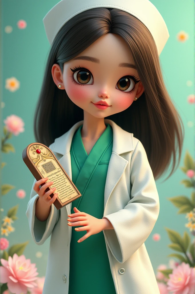 Create a nurse doll with brunette hair, black eyes, straight black hair to the shoulder with a planchette in her hand with a red stethoscope around her neck wearing a green lab coat with a white robe on top