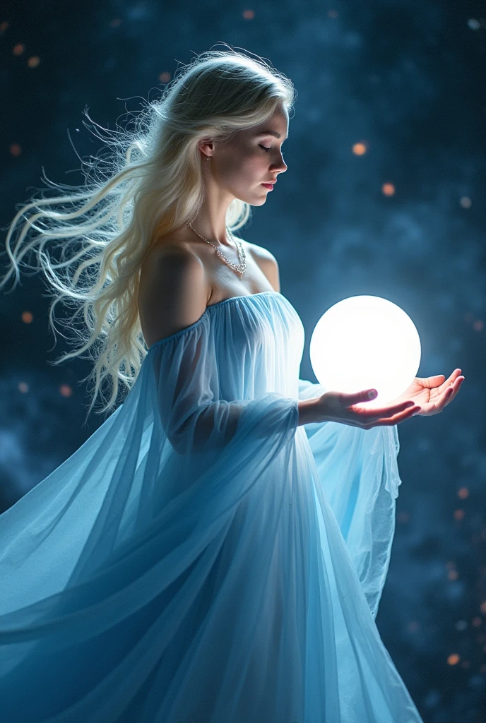 A blonde girl in a sky blue dress, enveloped in a silver light, levitating in space while levitating a bright white sphere in her hands.
