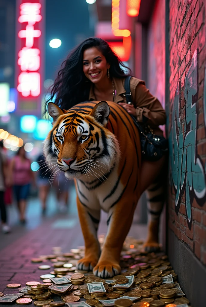 A chubby brunette woman with black hair stealing a tiger and with a lot of money around her.