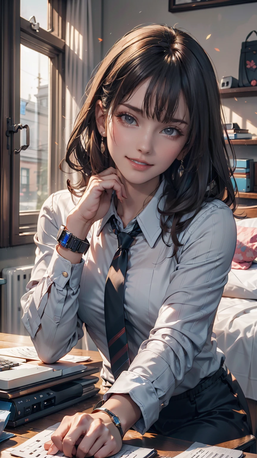 masterpiece, Highest quality, Twitch-chan, Hair Clip, hair ornaments, Collared shirt, No sleeve, tie, sitting behind a desk, View your viewers, smile, wave hands, Silver accessories on the wrist、bedroom, bed, computer mouse, keyboard 