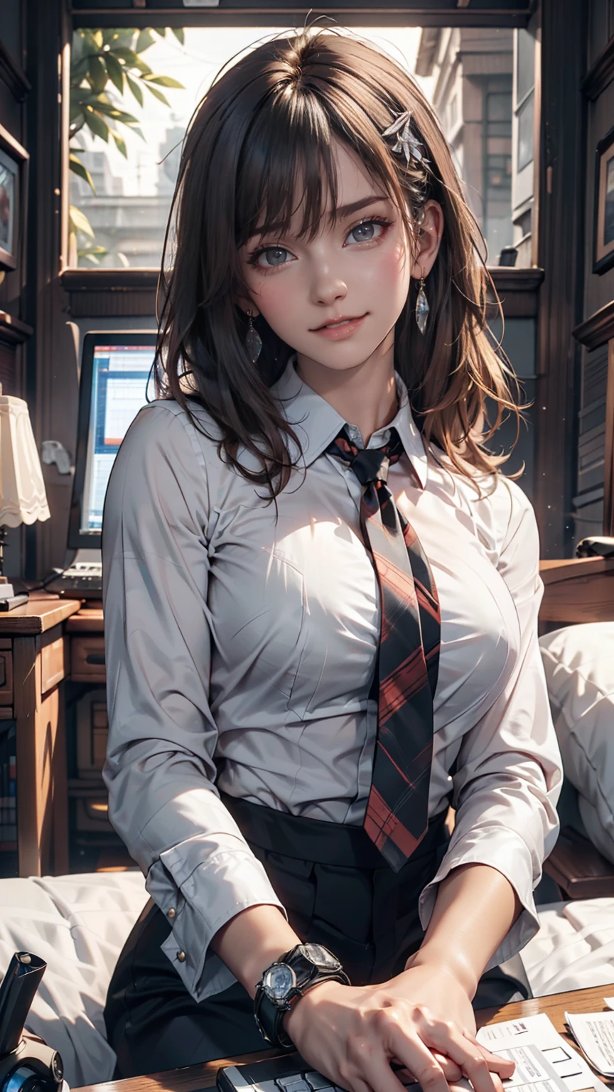 masterpiece, Highest quality, Twitch-chan, Hair Clip, hair ornaments, Collared shirt, No sleeve, tie, sitting behind a desk, View your viewers, smile, wave hands, Silver accessories on the wrist、bedroom, bed, computer mouse, keyboard 
