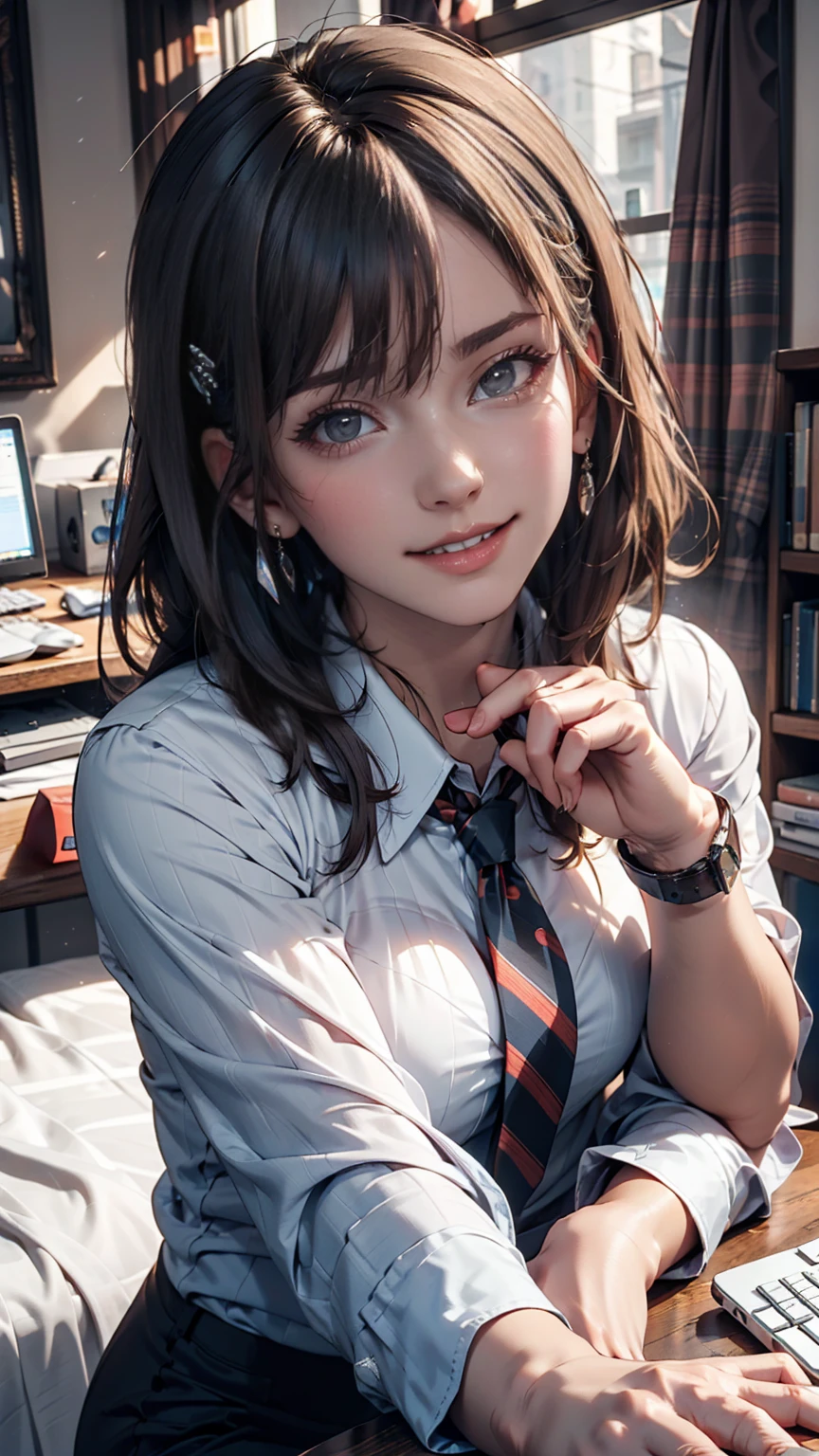 masterpiece, Highest quality, Twitch-chan, Hair Clip, hair ornaments, Collared shirt, No sleeve, tie, sitting behind a desk, View your viewers, smile, wave hands, Silver accessories on the wrist、bedroom, bed, computer mouse, keyboard 