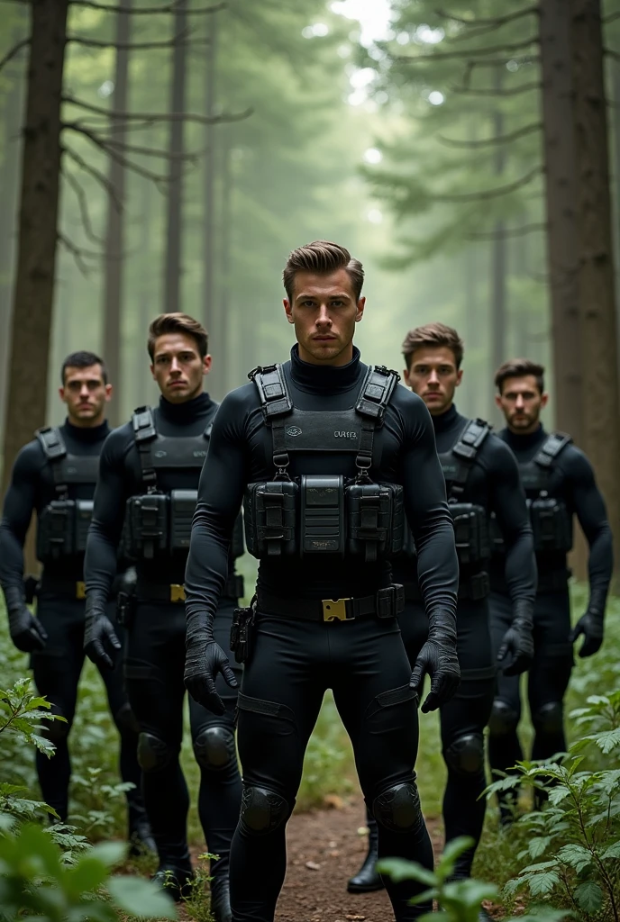 Create the image of 7 handsome, muscular guys dressed in well-equipped black combat suits, All between the ages of 24 and 30 years old with a forest in the background