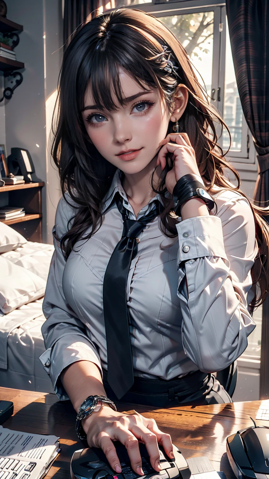 masterpiece, Highest quality, Twitch-chan, Hair Clip, hair ornaments, Collared shirt, No sleeve, tie, sitting behind a desk, View your viewers, smile, wave hands, Silver accessories on the wrist、bedroom, bed, computer mouse, keyboard 