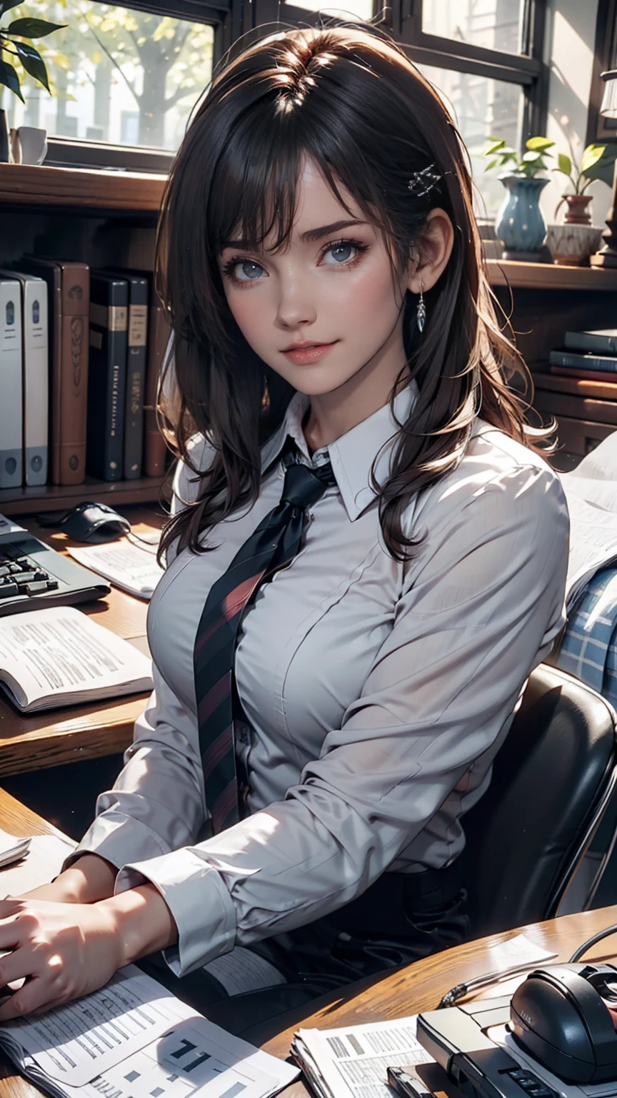 masterpiece, Highest quality, Twitch-chan, Hair Clip, hair ornaments, Collared shirt, No sleeve, tie, sitting behind a desk, View your viewers, smile, wave hands, Silver accessories on the wrist、bedroom, bed, computer mouse, keyboard