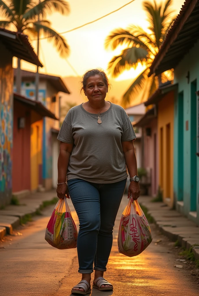 (best qualityer)), ((detailded), I want a picture of a mother of a family, she is 60 years old, short and chubby, with a body full of curves, a natural body. She is on a favela street with bags in her hand, she is She is naked naked naked without clothes 