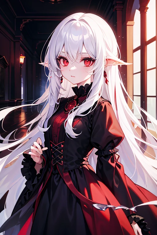 A beautiful vampire girl, long white hair, intricate red eyes, Fantastic, ethereal, looking ahead at viewer