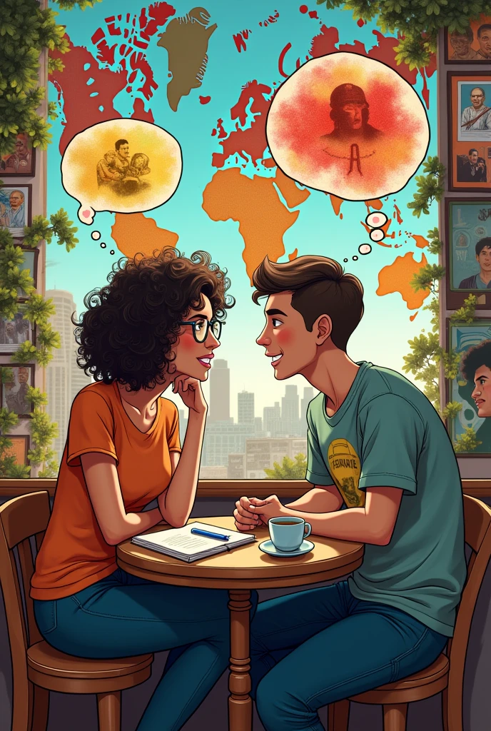 Please create a three-page comic strip about geopolitics, but with characters who talk to each other.. But it starts first with two young people who met and started talking about the subject of geopolitics, but it also helps to talk about how the young people are. 