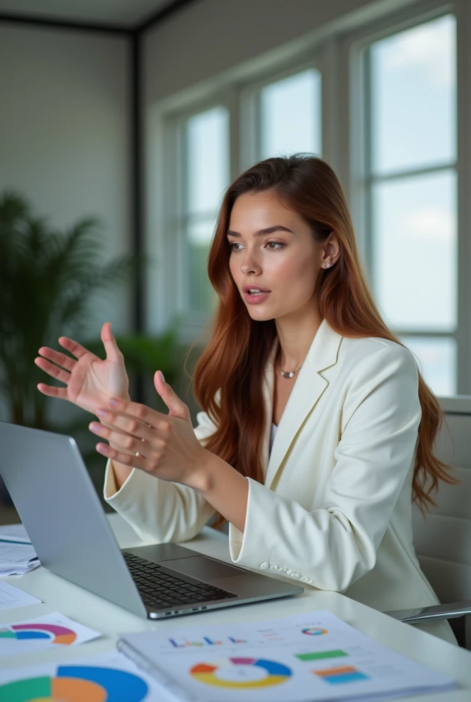 This same girl,  working on a computer,   explaining a topic,  wearing a white blazer,  asking a question 