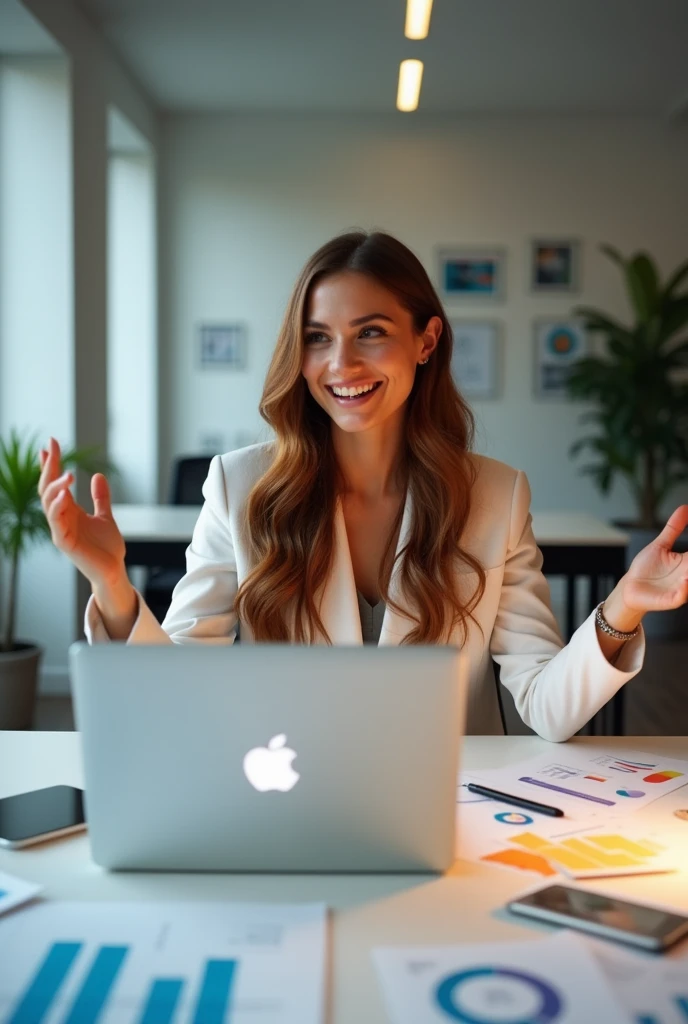 This same girl, working on a computer, explaining a topic, wearing a white blazer, asking a question