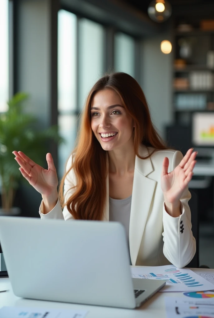 This same girl, working on a computer, explaining a topic, wearing a white blazer, asking a question
