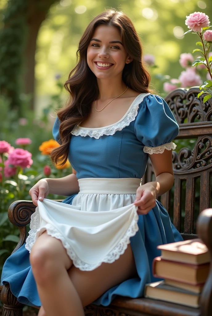 Brunette influencer, Cosplay as Belle in her blue dress with white apron outfit, sitting down on an old victorian bench with a stack of books on it, pulling up her dress revealing cute cotton panties, cute smile