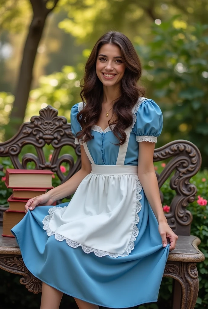 Brunette influencer, Cosplay as Belle in her blue dress with white apron outfit, sitting down on an old victorian bench with a stack of books on it, pulling up her dress revealing cute cotton panties, cute smile
